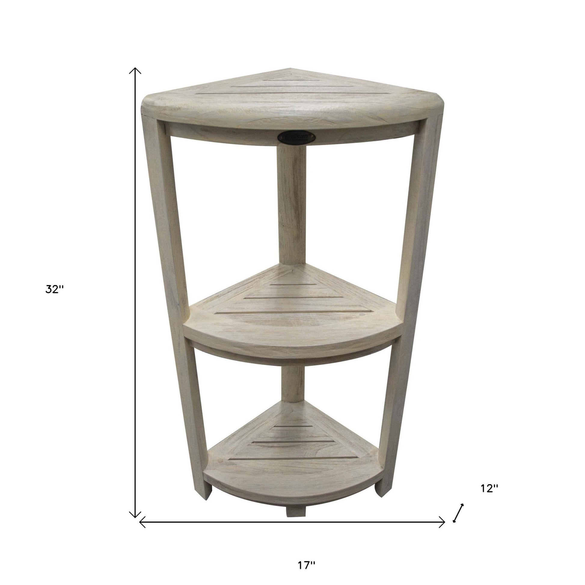 HomeRoots Teak Three Tier Corner Shower Shelf in White Finish