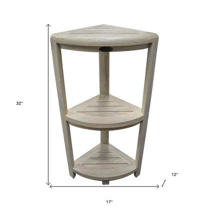 HomeRoots Teak Three Tier Corner Shower Shelf in White Finish