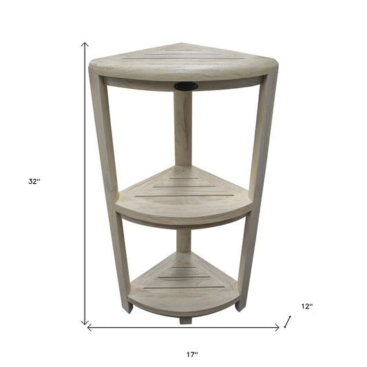 HomeRoots Teak Three Tier Corner Shower Shelf in White Finish
