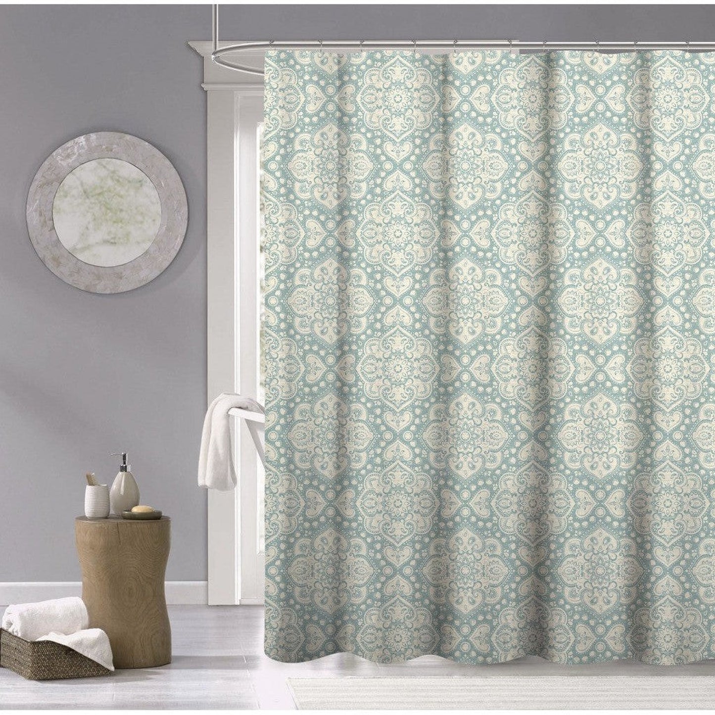 HomeRoots Teal And Cream Medallion Lattice Shower Curtain