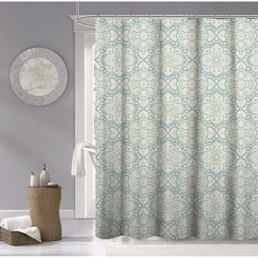 HomeRoots Teal And Cream Medallion Lattice Shower Curtain