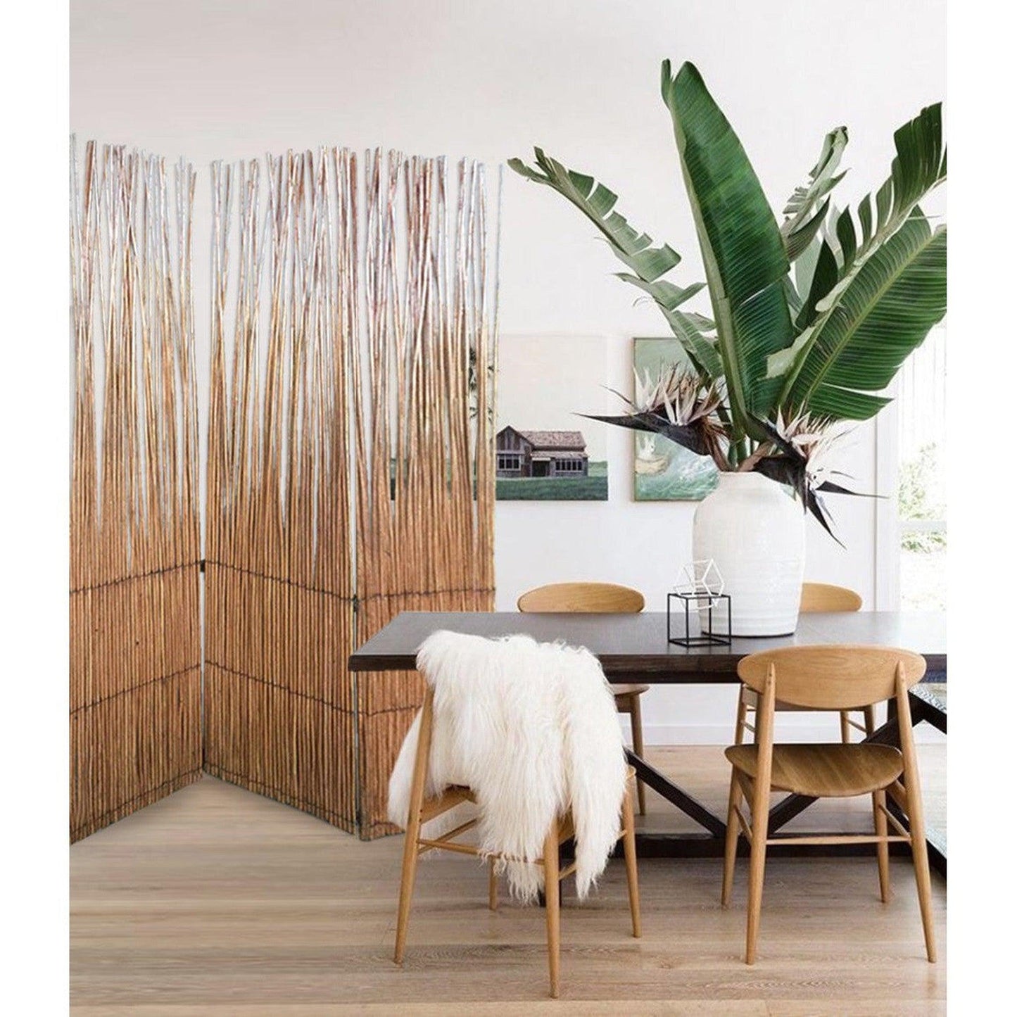 HomeRoots Three Panel Room Divider Screen With Natural Willow Finish