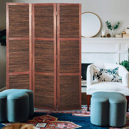 HomeRoots Three Panel Room Divider Screen in Warm Brown Finish
