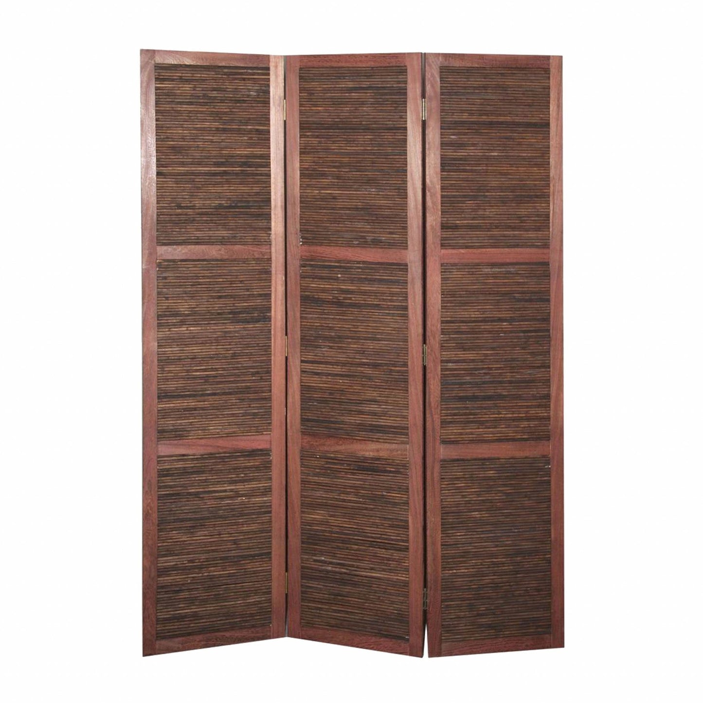 HomeRoots Three Panel Room Divider Screen in Warm Brown Finish