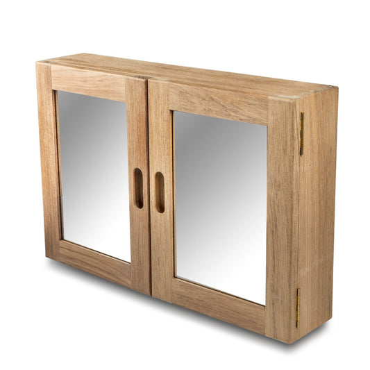 HomeRoots Traditional Solid Teak Double Door Mirrored Medicine Cabinet
