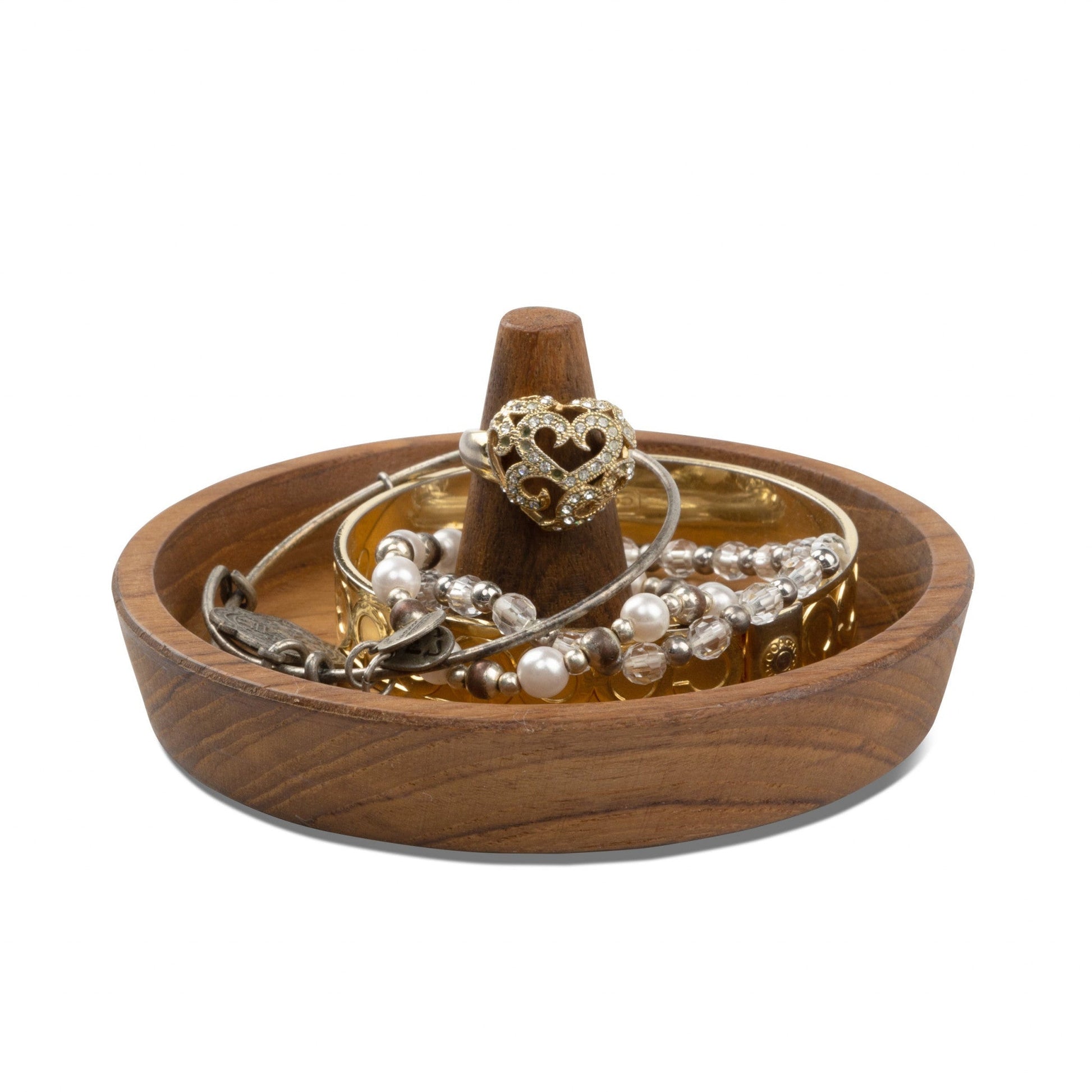 HomeRoots Traditional Solid Teak Ring Cone Jewelry Dish