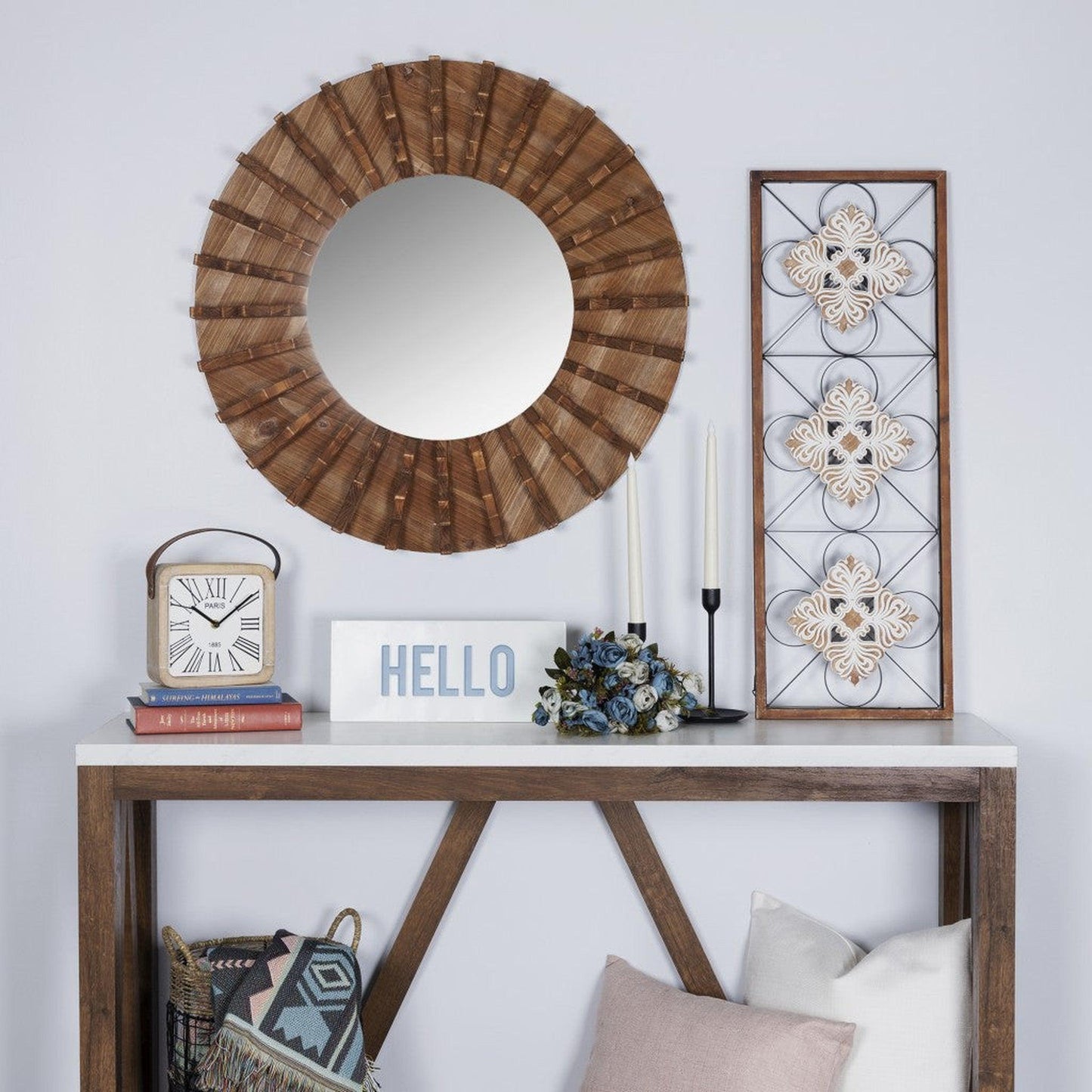 HomeRoots Tribal Wooden Round Wall Mirror