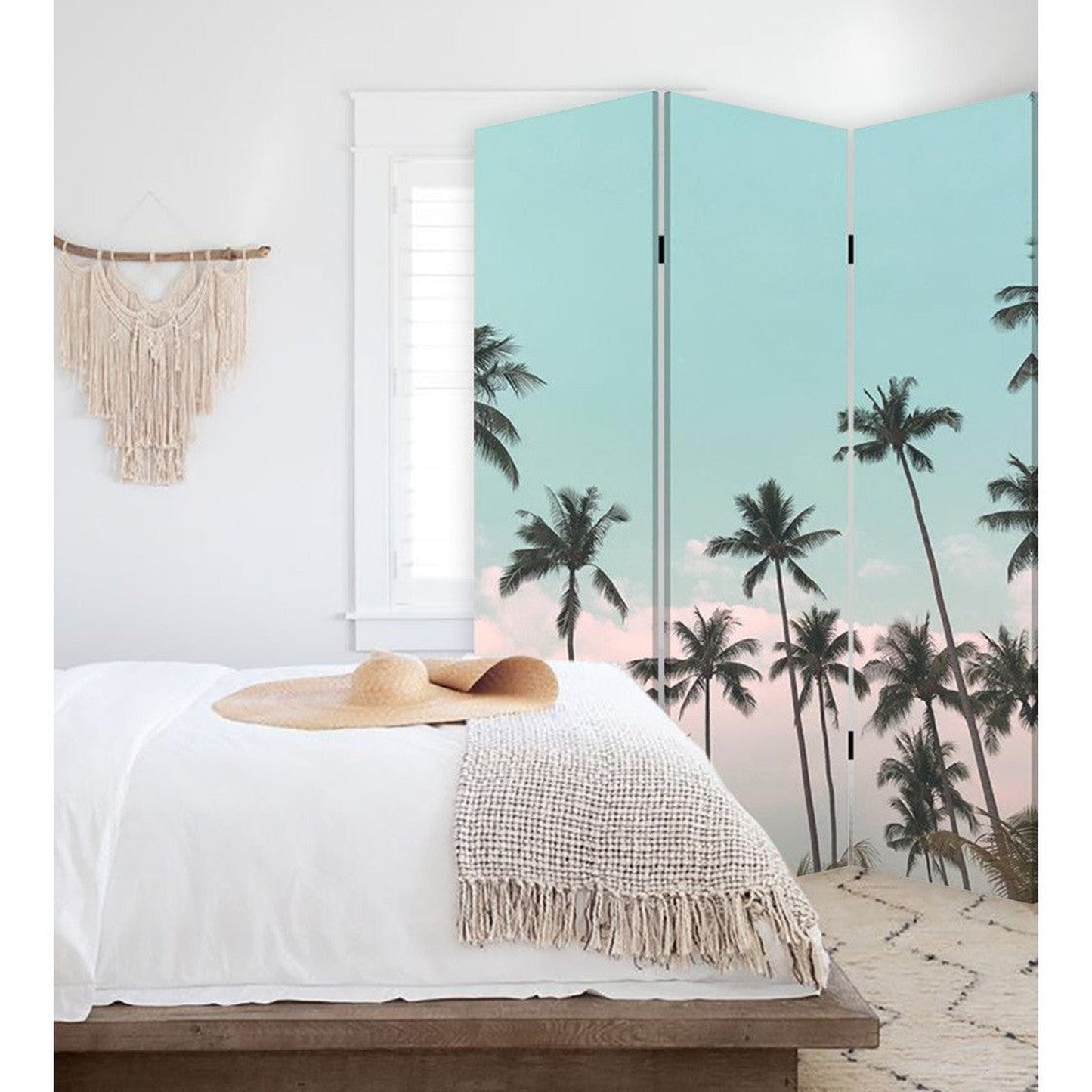 HomeRoots Tropical Palm Trees Room Three Panel Divider Screen in Light Green Finish