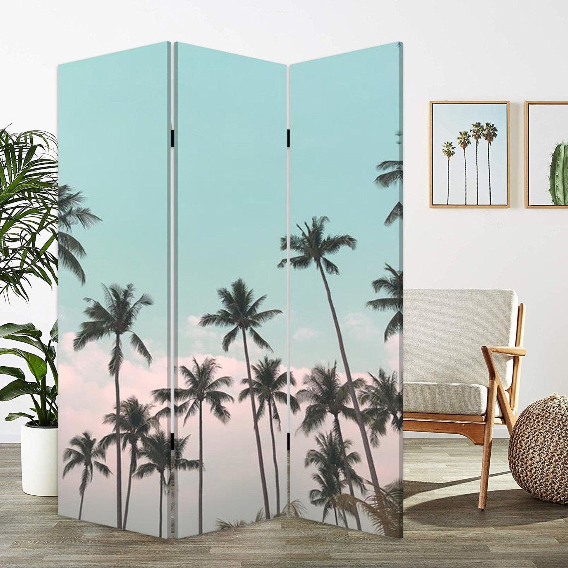 HomeRoots Tropical Palm Trees Room Three Panel Divider Screen in Light Green Finish