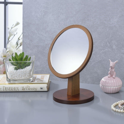 HomeRoots Walnut Finish Round Vanity Mirror on Pedestal
