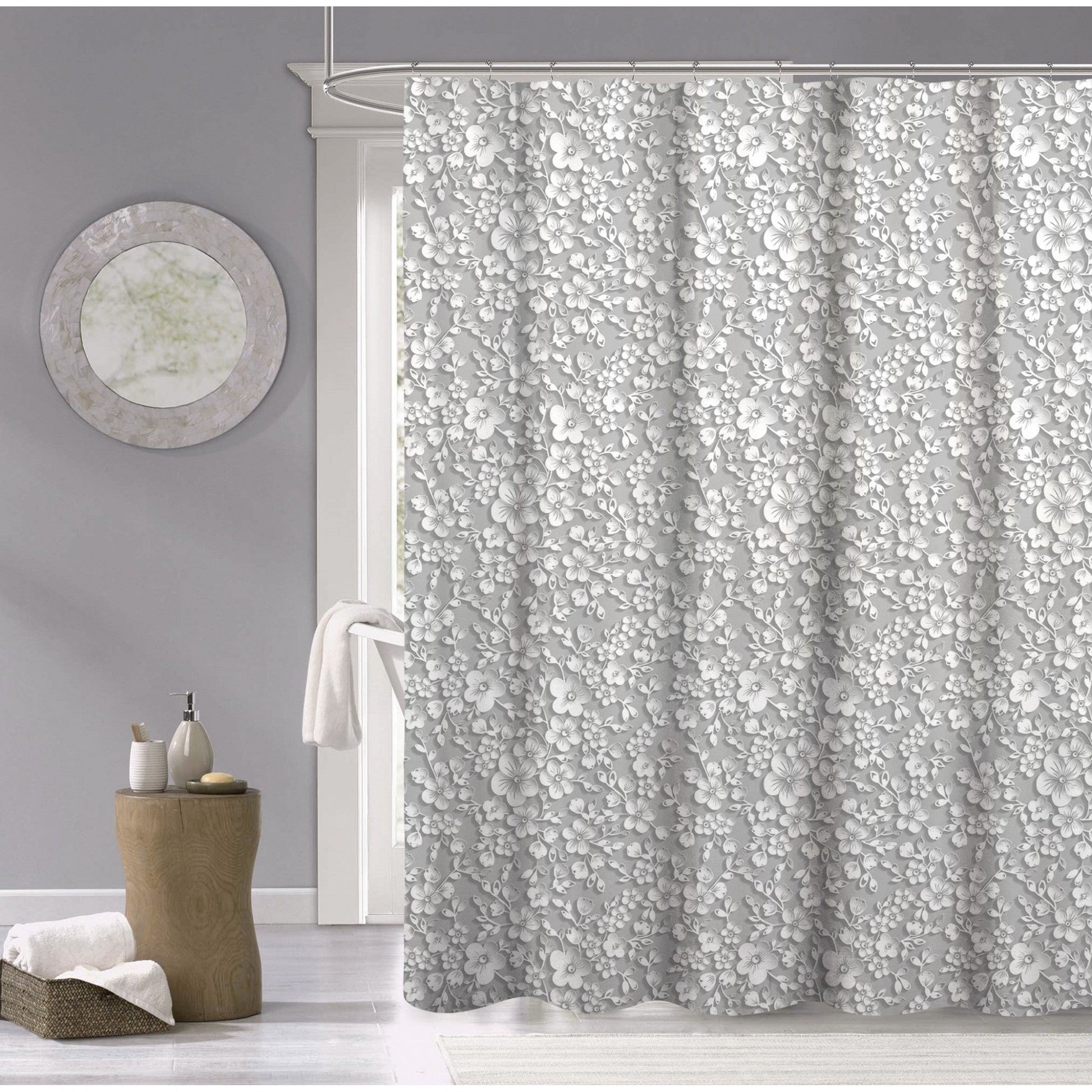 HomeRoots White And Gray Floral Patterned Shower Curtain