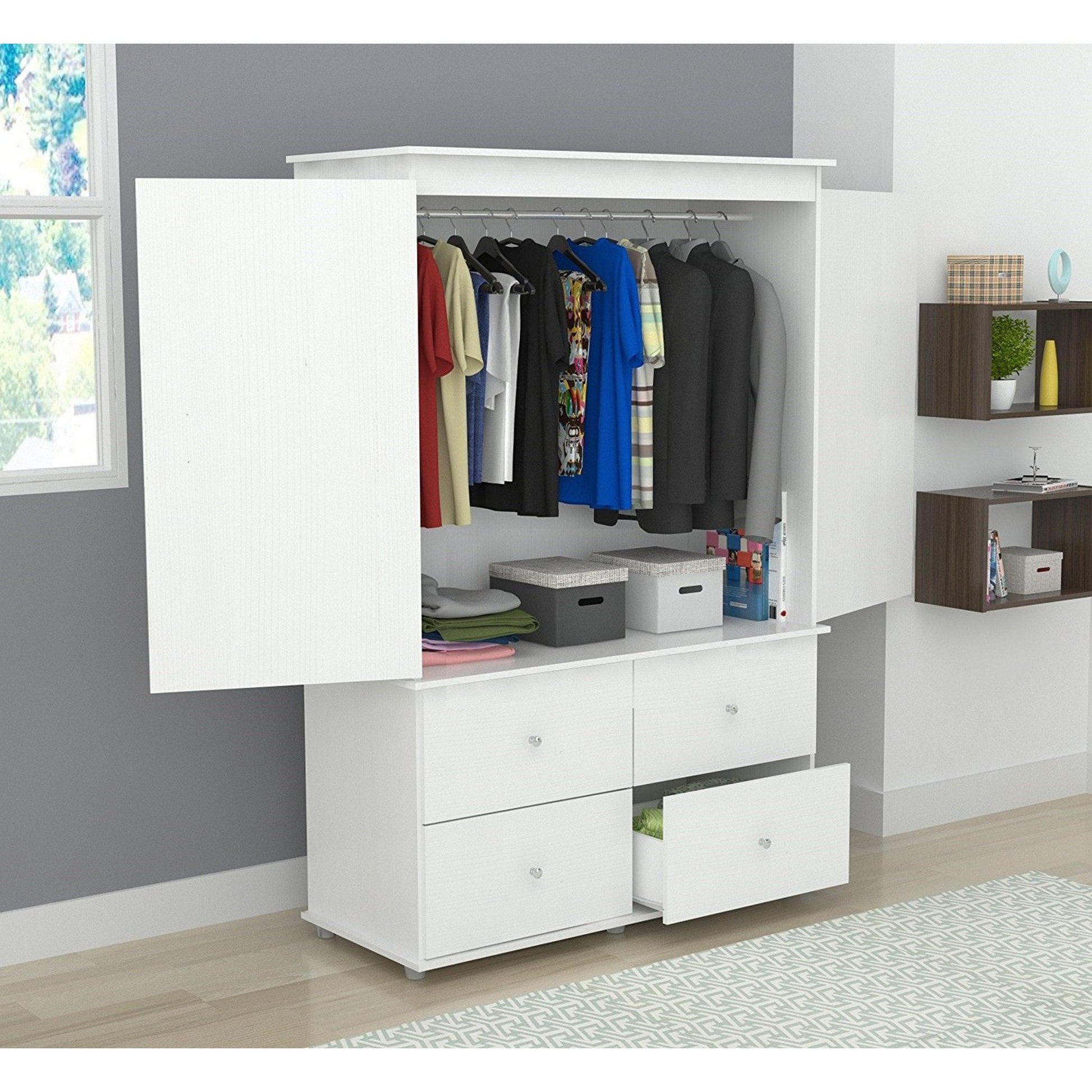 white armoire dresser HomeRoots White Finish Wood Four Drawer Armoire Dresser