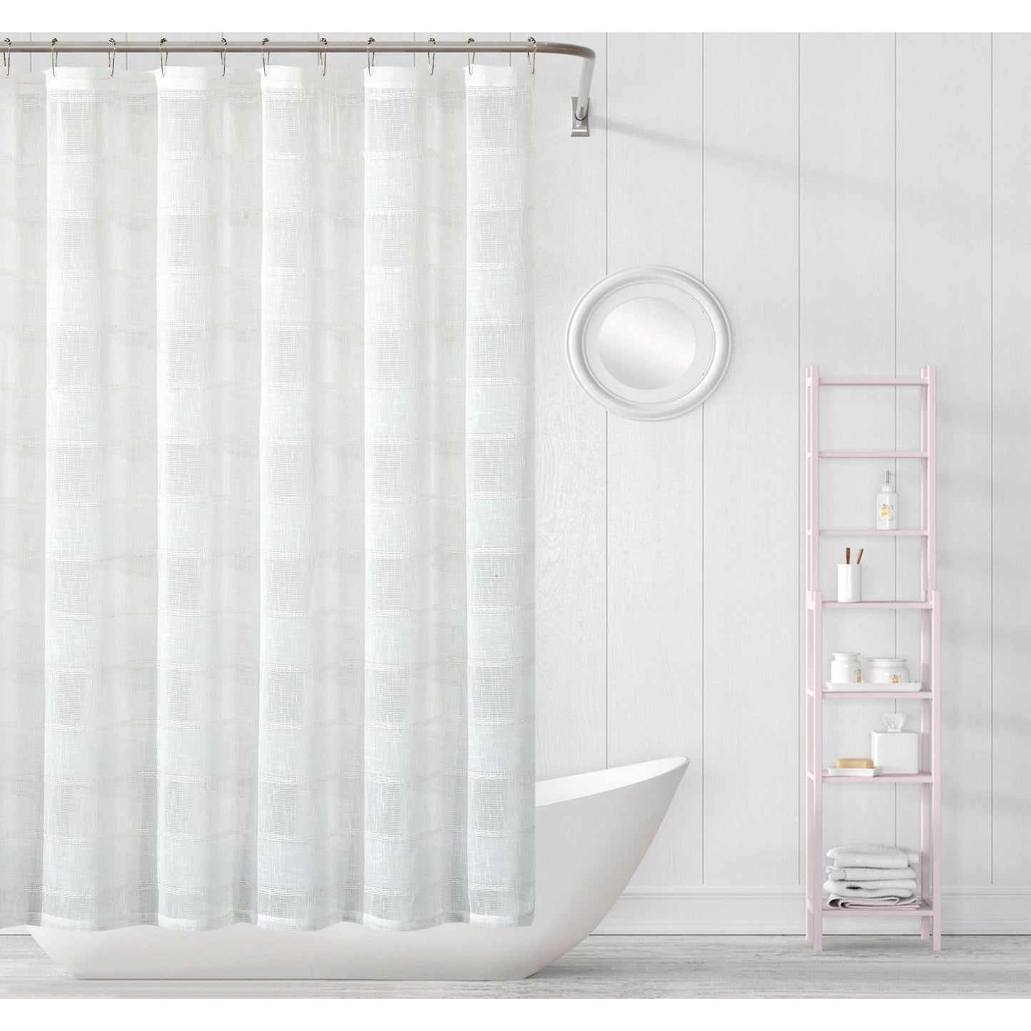 HomeRoots White Striped Embroidered Shower Curtain