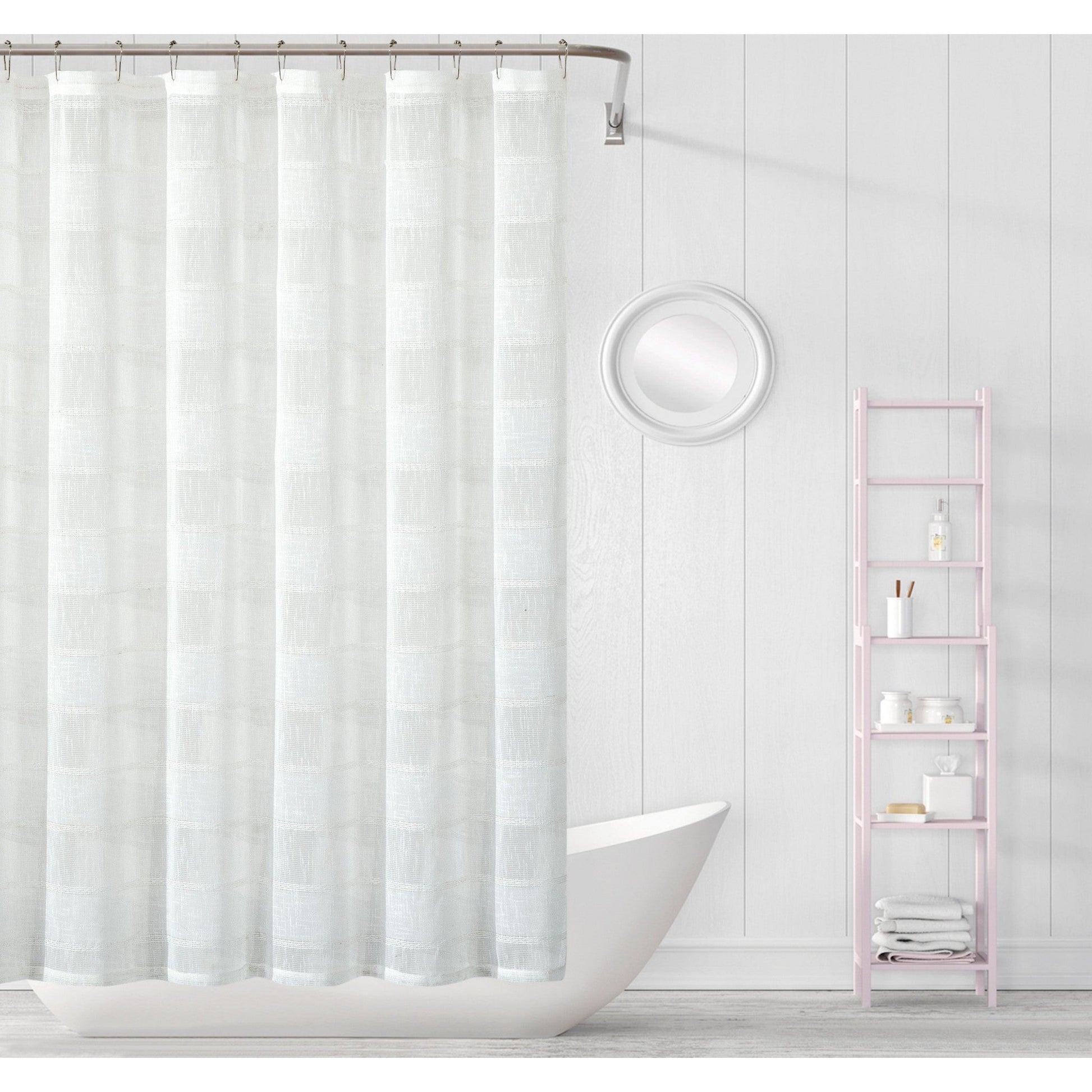 HomeRoots White Striped Embroidered Shower Curtain