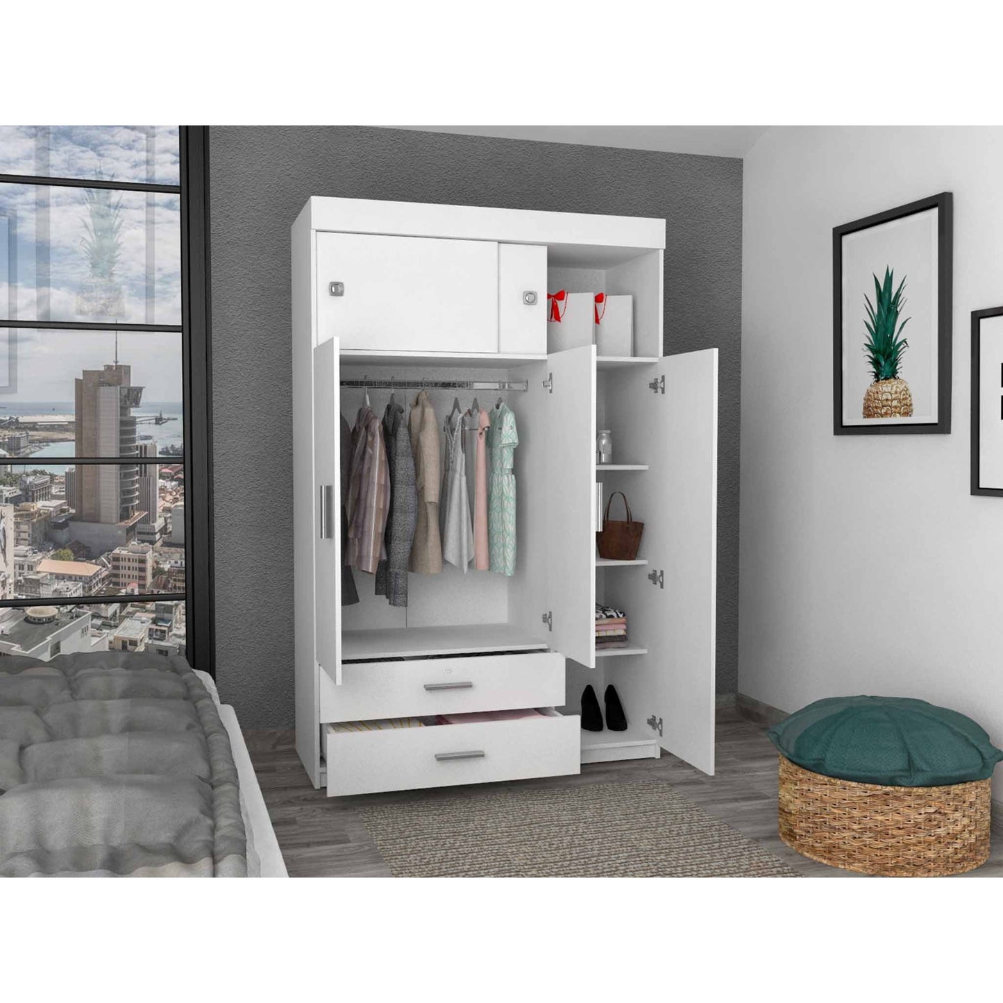 HomeRoots White Tall Three Door Cabinet With Sliding Doors
