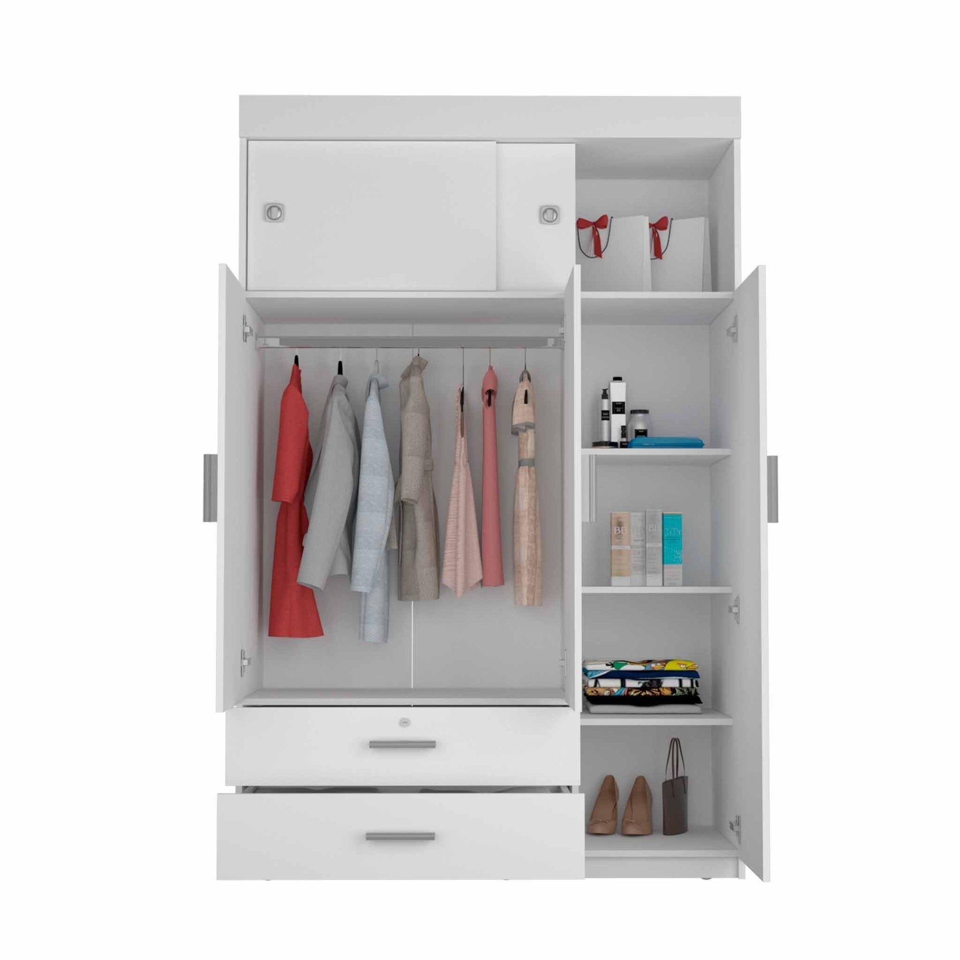 HomeRoots White Tall Three Door Cabinet With Sliding Doors
