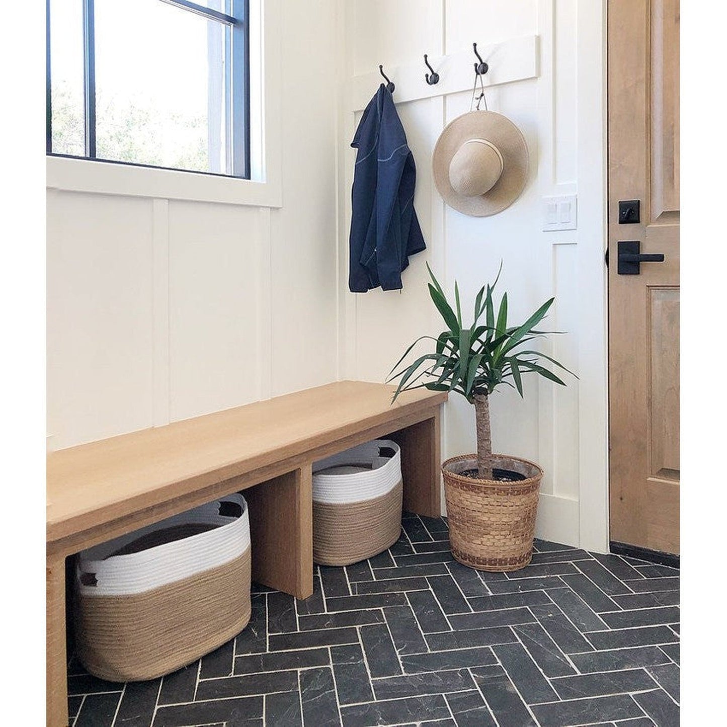 HomeRoots White and Natural Jute Rope Cubby Baskets in Set of Two