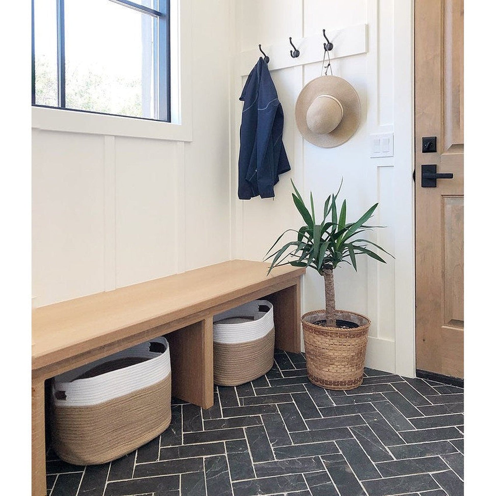 HomeRoots White and Natural Jute Rope Cubby Baskets in Set of Two