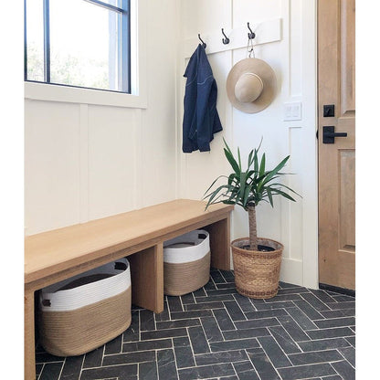 HomeRoots White and Natural Jute Rope Cubby Baskets in Set of Two