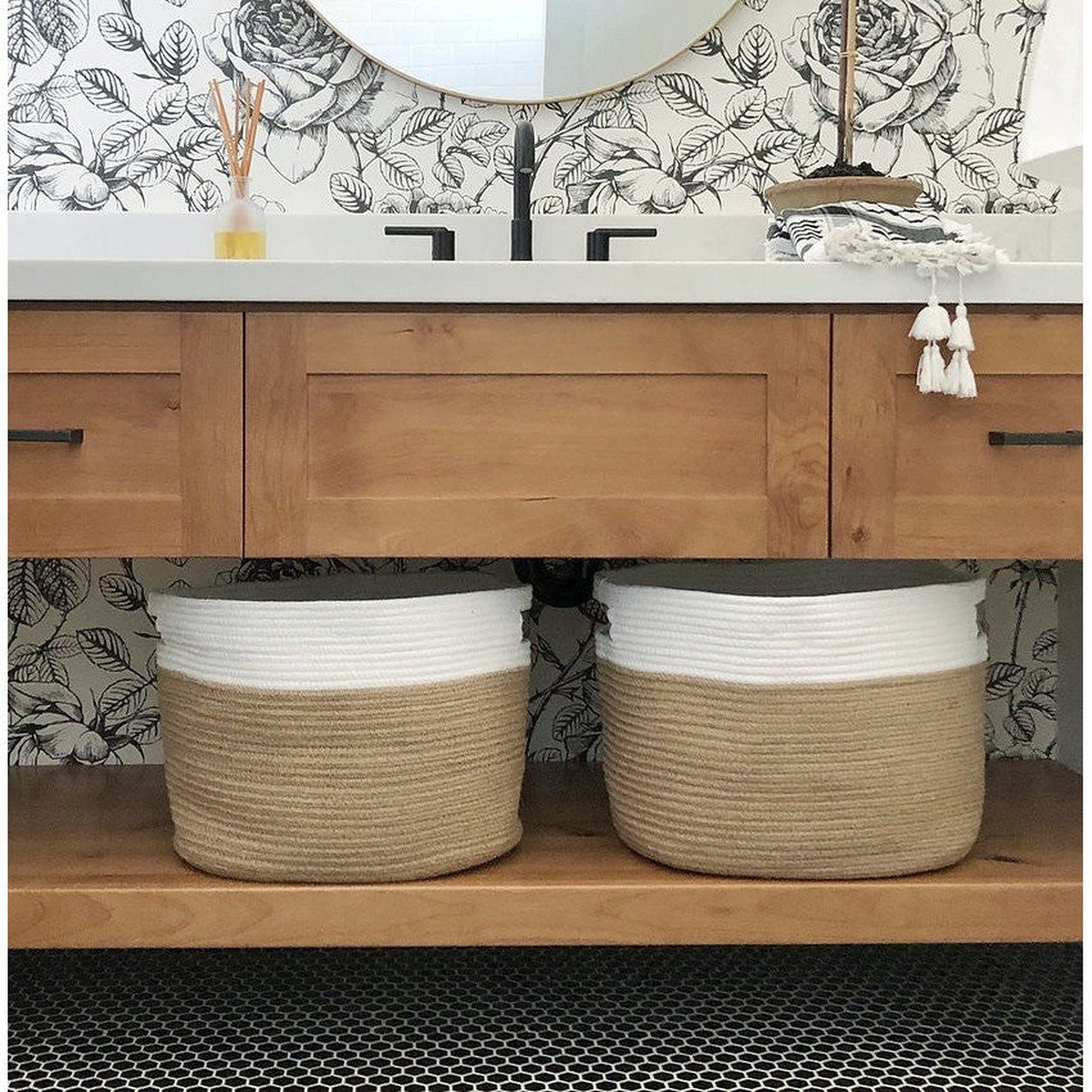 HomeRoots White and Natural Jute Rope Cubby Baskets in Set of Two