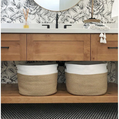 HomeRoots White and Natural Jute Rope Cubby Baskets in Set of Two