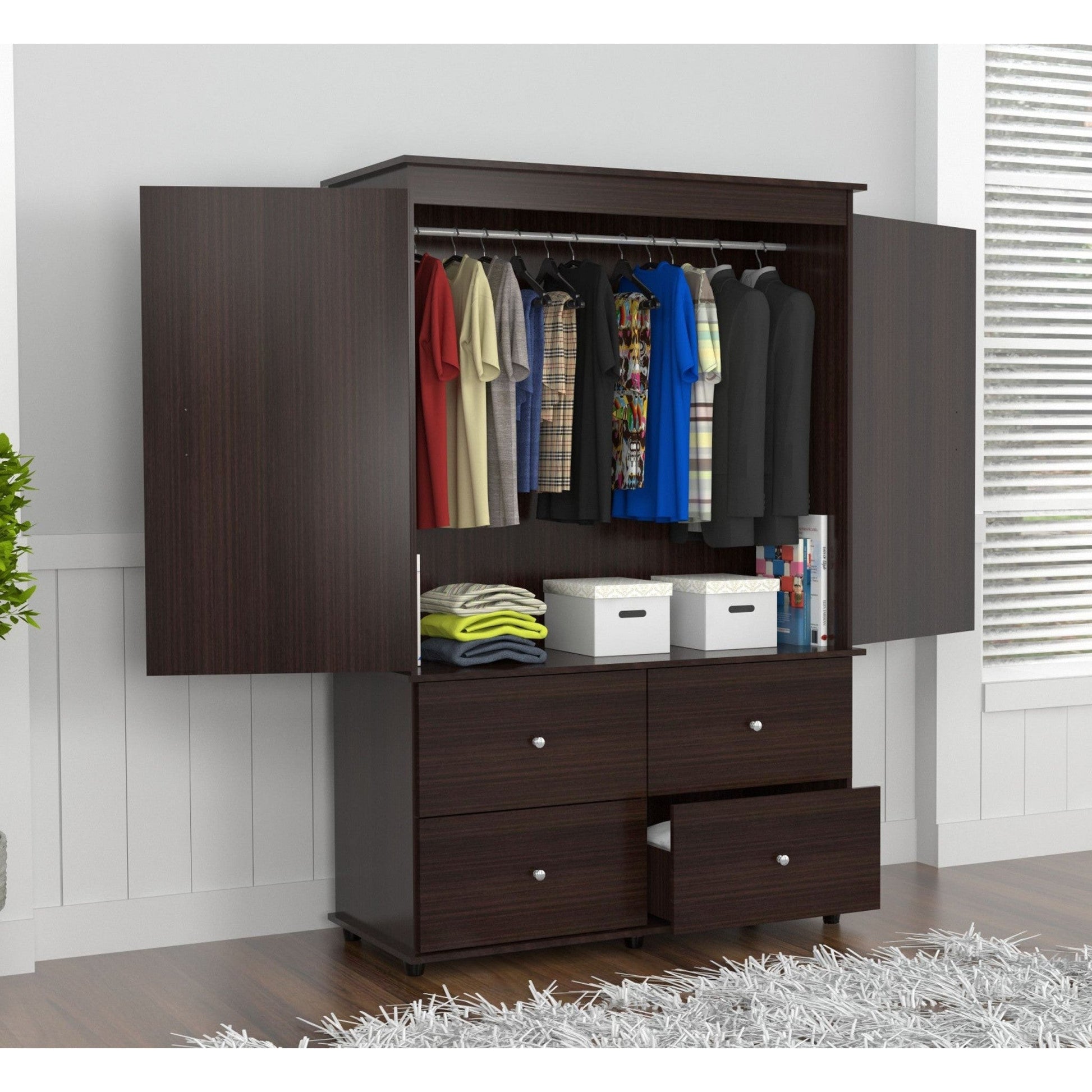 HomeRoots Wood Four Drawer Armoire Cabinet in Espresso Finish