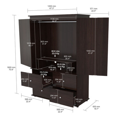 HomeRoots Wood Four Drawer Armoire Cabinet in Espresso Finish