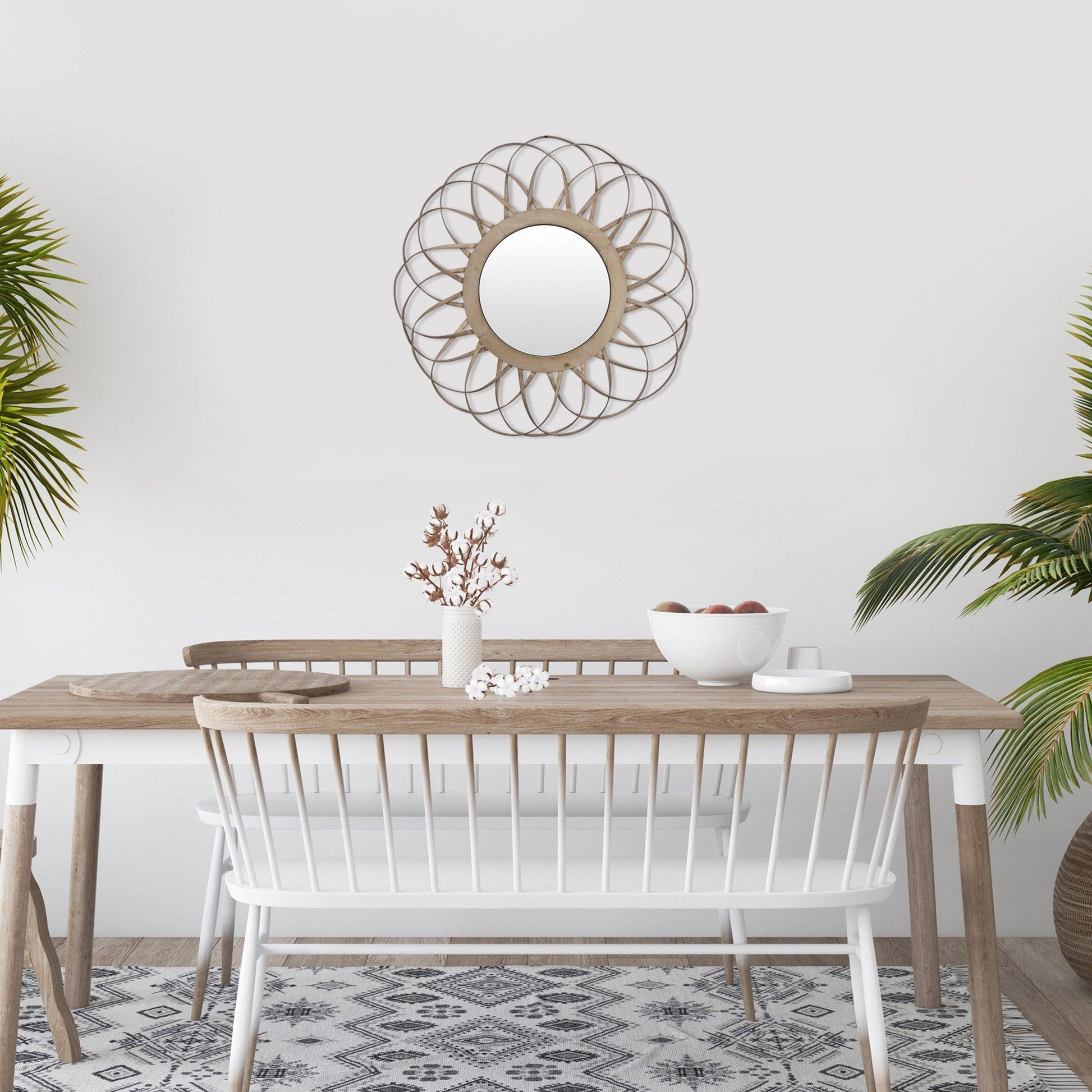 HomeRoots Wooden Flower Shaped Round Wall Mirror