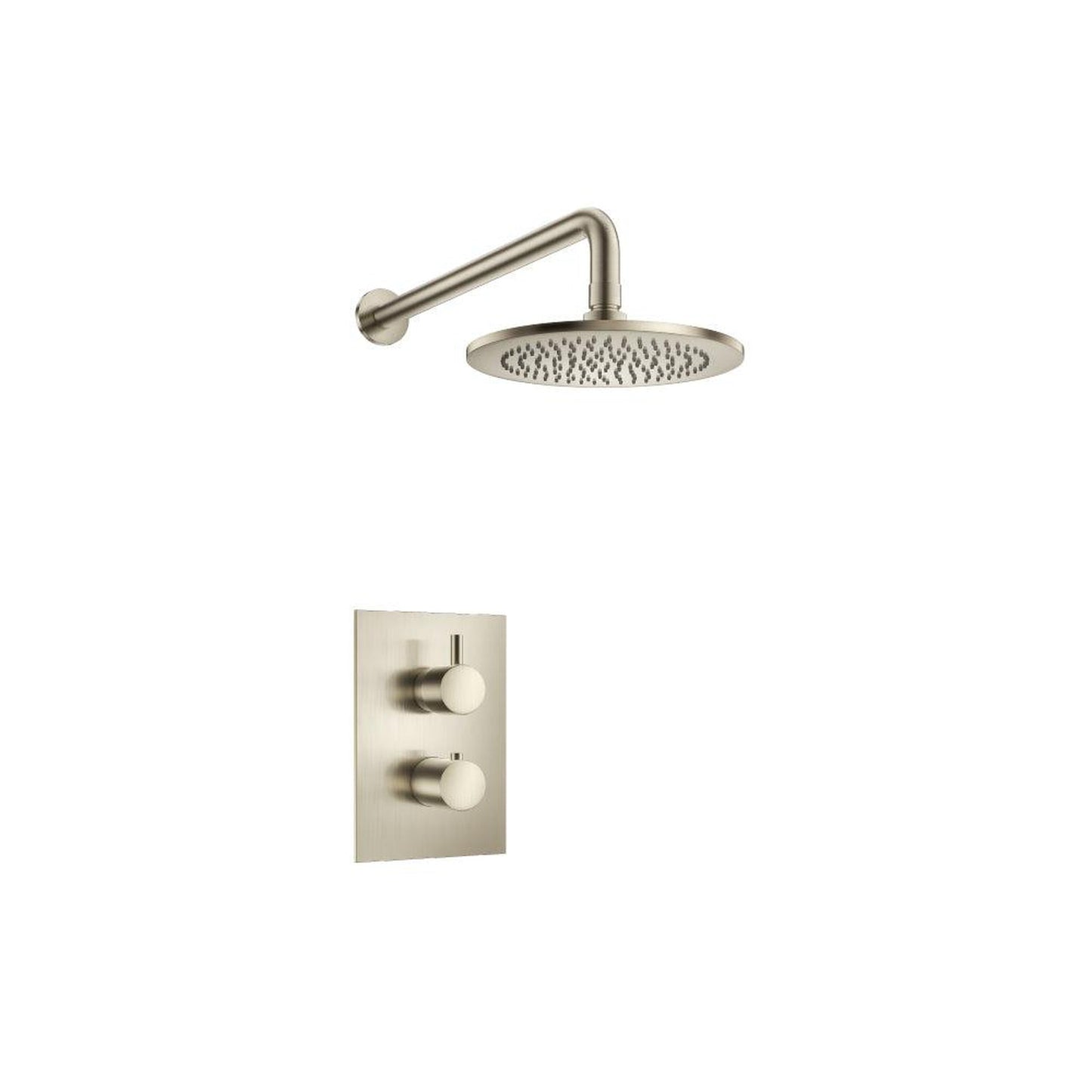 Isenberg Serie 100 Single Output Brushed Nickel PVD Wall-Mounted Shower Set With Single Function Round Rain Shower Head, Two-Handle Shower Trim and 1-Output Wall-Mounted Thermostatic Shower Valve With Integrated Volume Control