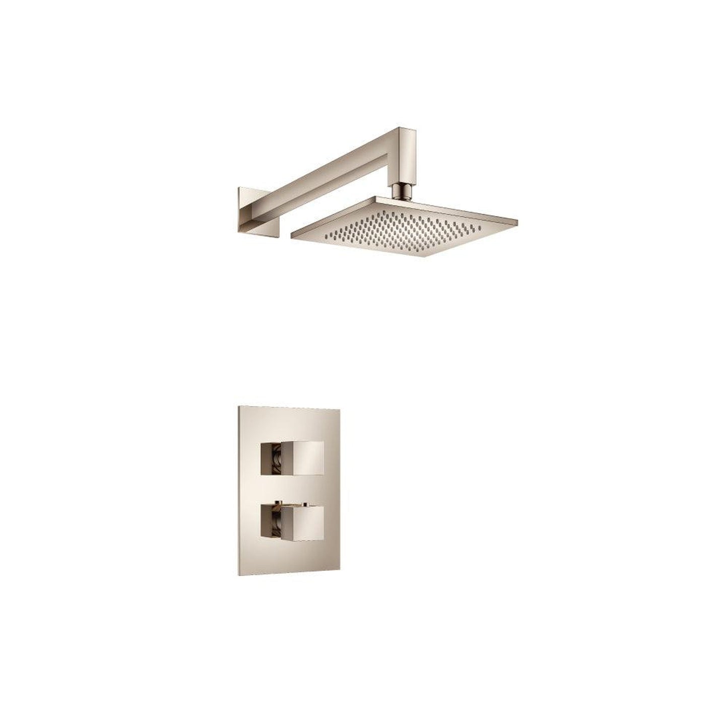 Isenberg Serie 160 Single Output Polished Nickel PVD Wall-Mounted Shower Set With Single Function Square Rain Shower Head, Two-Handle Shower Trim and 1-Output Wall-Mounted Thermostatic Shower Valve With Integrated Volume Control