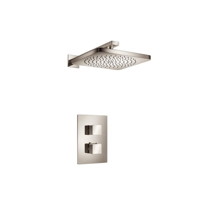 Isenberg Serie 196 Single Output Polished Nickel PVD Wall-Mounted Shower Set With Single Function Square Rain Shower Head, Two-Handle Shower Trim and 1-Output Wall-Mounted Thermostatic Shower Valve With Integrated Volume Control