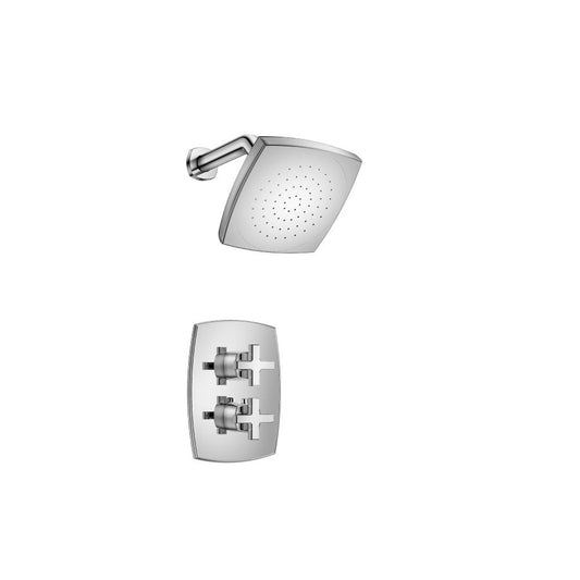 Isenberg Serie 240 Single Output Chrome Wall-Mounted Shower Set With Single Function Square Rain Shower Head With Shower Arm, Two-Handle Shower Trim and 1-Output Wall-Mounted Thermostatic Shower Valve With Integrated Volume Control