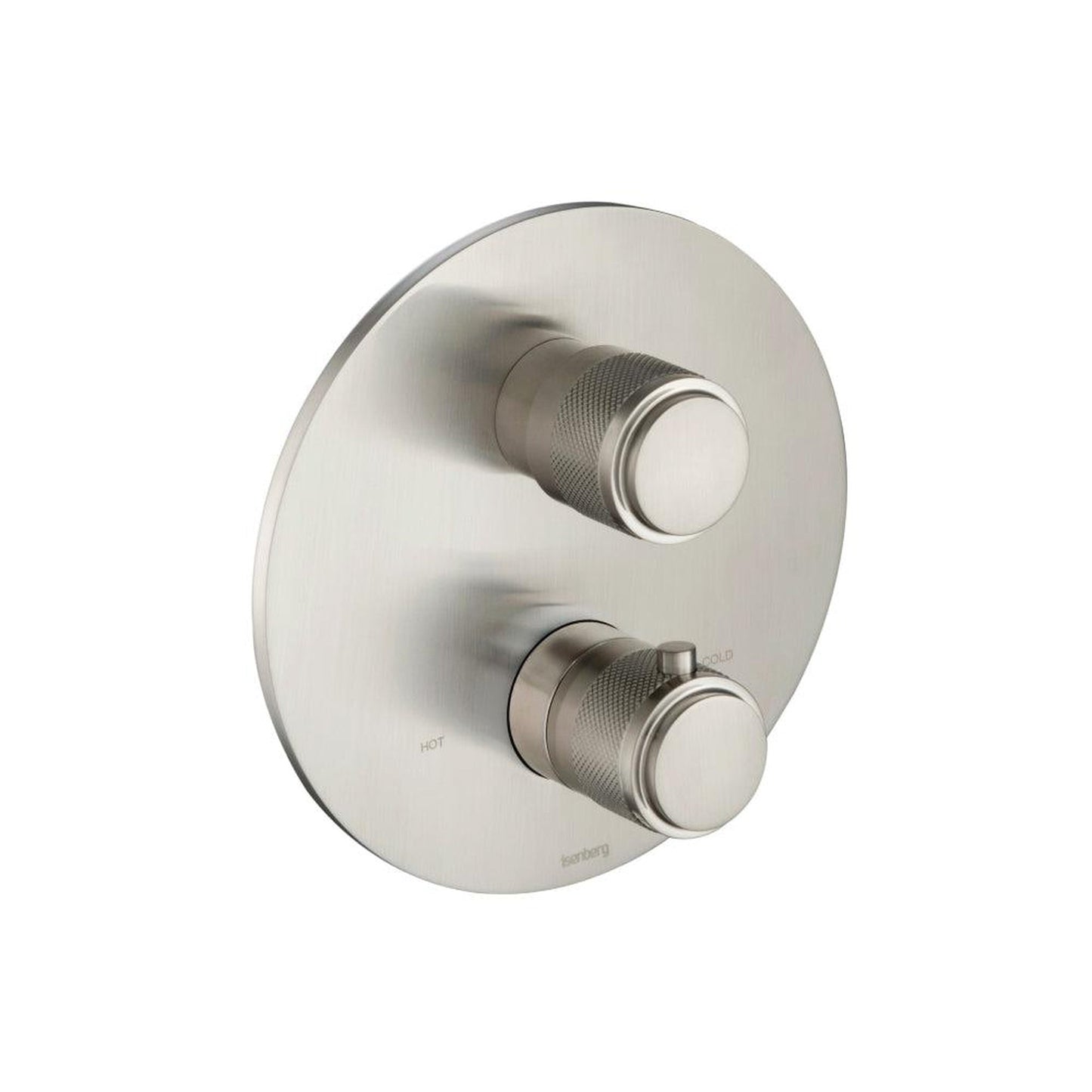 Isenberg Serie 250 Single Output Brushed Nickel PVD Wall-Mounted Shower Set With Single Function Round Rain Shower Head, Two-Handle Shower Trim and 1-Output Wall-Mounted Thermostatic Shower Valve With Integrated Volume Control