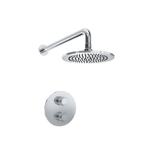 Isenberg Serie 250 Single Output Brushed Nickel PVD Wall-Mounted Shower Set With Single Function Round Rain Shower Head, Two-Handle Shower Trim and 1-Output Wall-Mounted Thermostatic Shower Valve With Integrated Volume Control