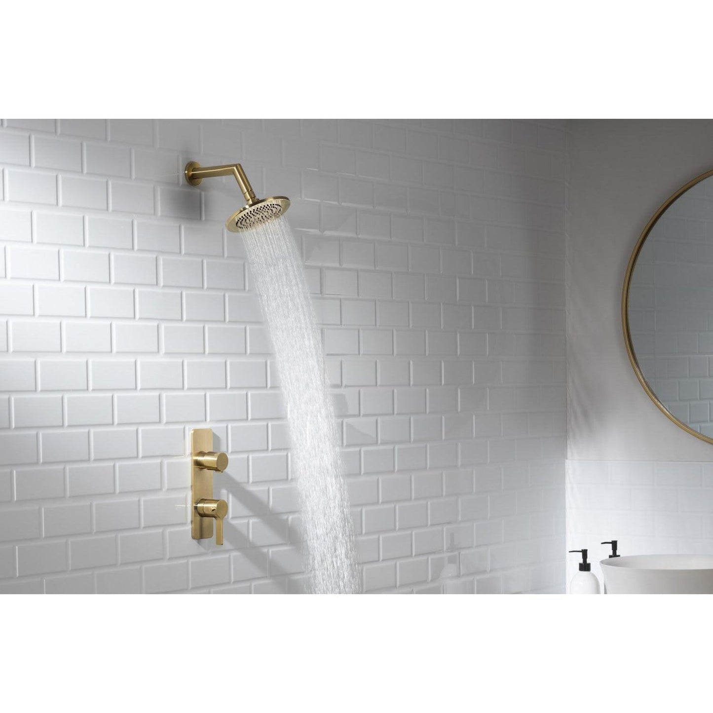 Isenberg Serie 260 Single Output Satin Brass PVD Wall-Mounted Shower Set With Single Function Round Rain Shower Head, Two-Handle Shower Trim and 1-Output Horizontal / Vertical Wall-Mounted Thermostatic Shower / Bathtub Valve With Integrated Volume Control