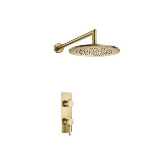 Isenberg Serie 260 Single Output Satin Brass PVD Wall-Mounted Shower Set With Single Function Round Rain Shower Head, Two-Handle Shower Trim and 1-Output Horizontal / Vertical Wall-Mounted Thermostatic Shower / Bathtub Valve With Integrated Volume Control