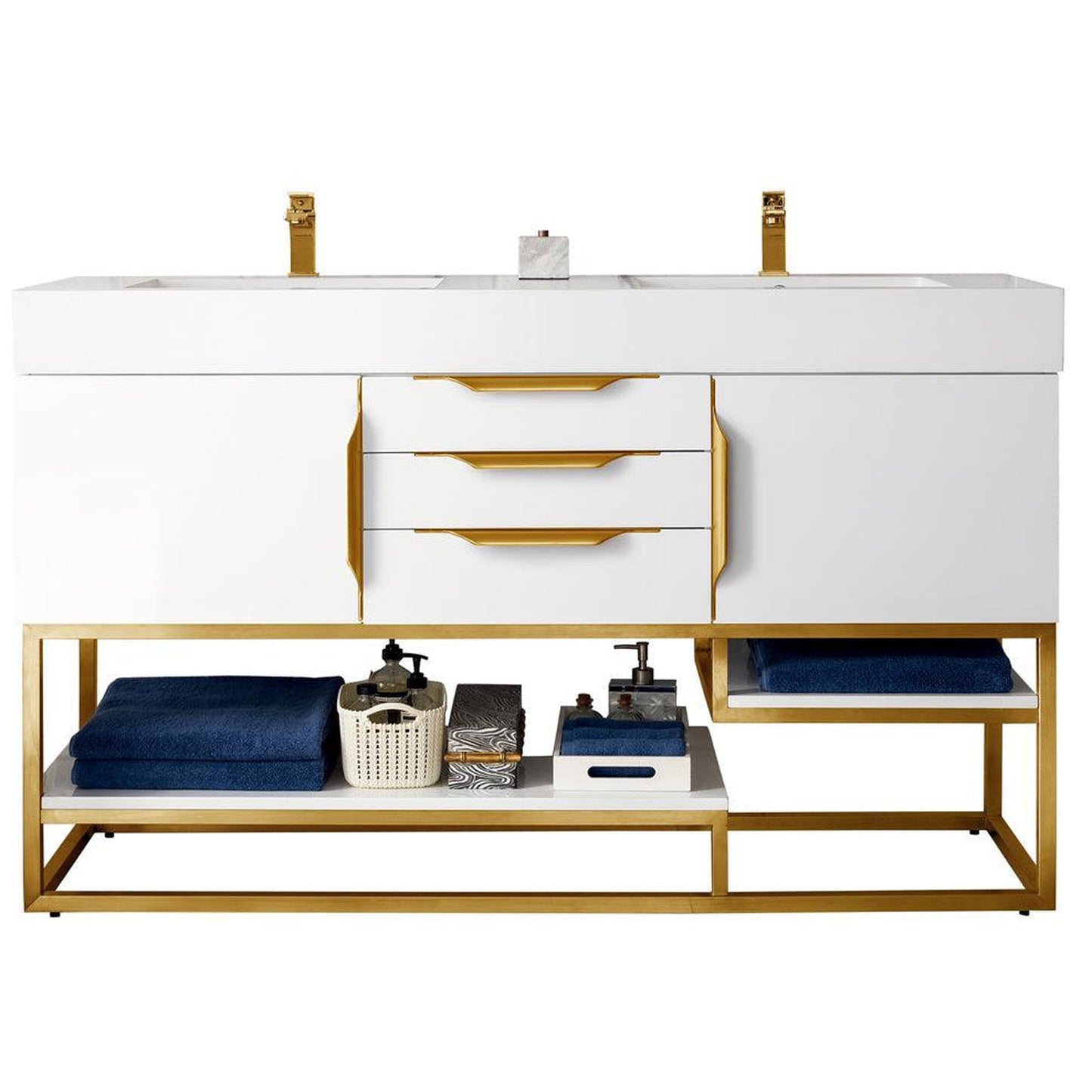 James Martin Columbia 59" Double Vanity, Glossy White, Radiant Gold