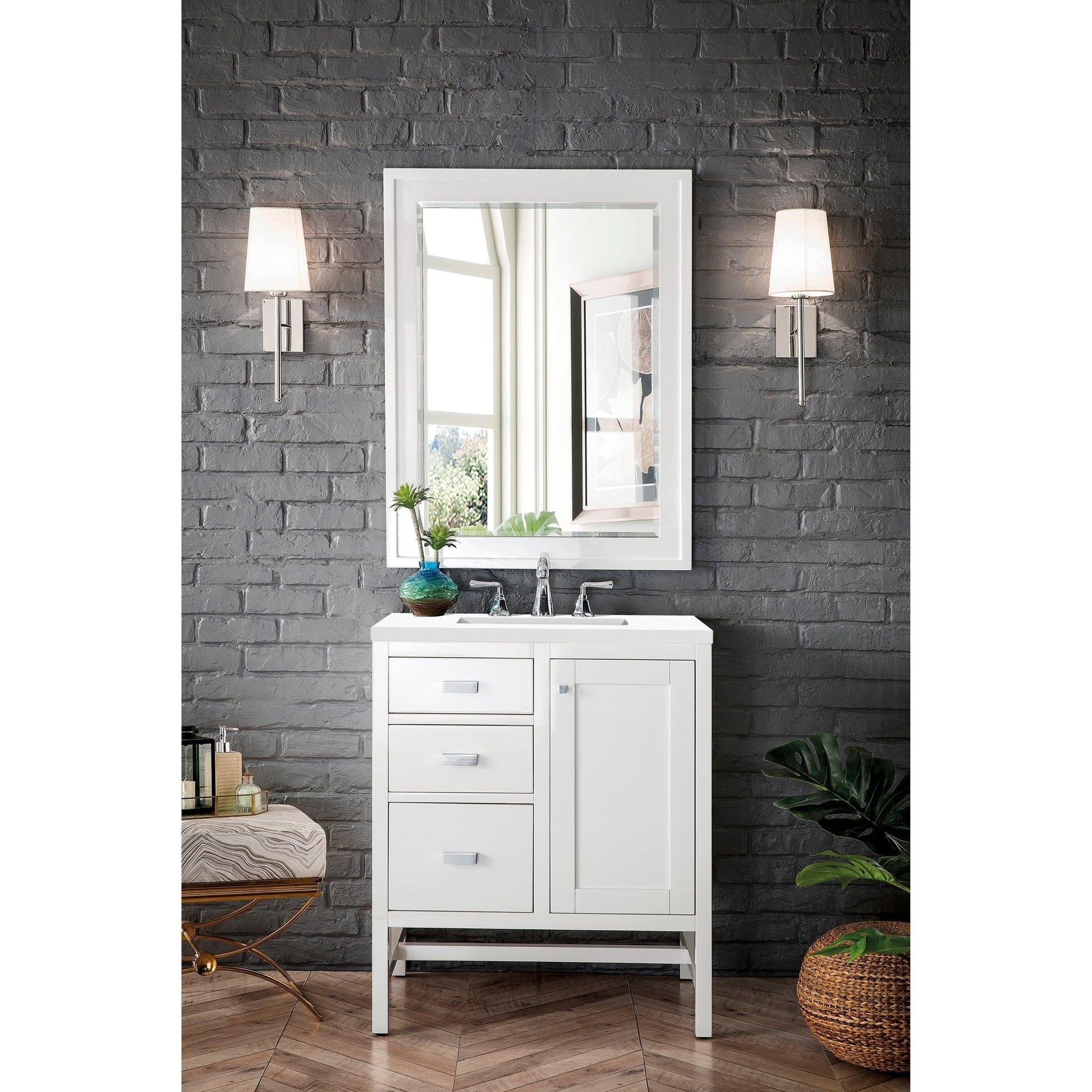 James Martin Vanities Addison 30" Glossy White Single Vanity Cabinet With 3cm White Zeus Quartz Top