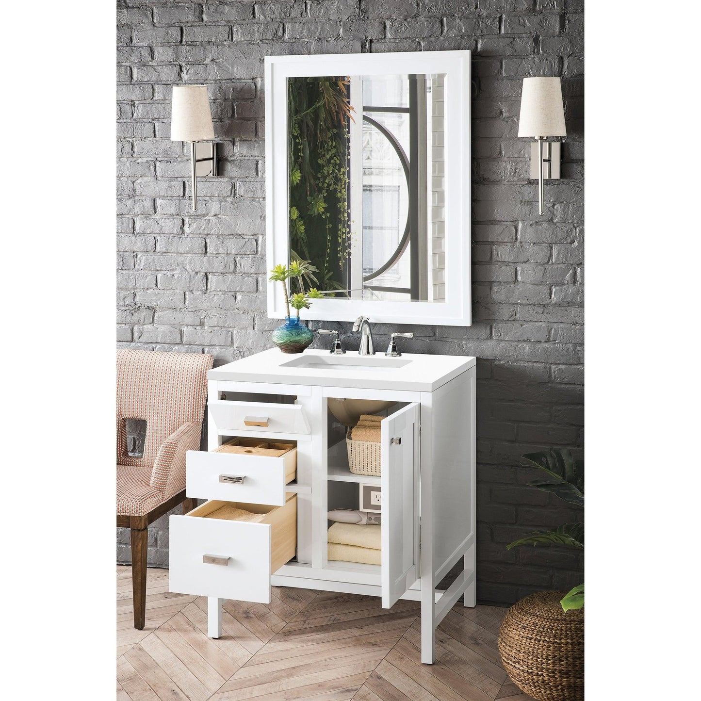 James Martin Vanities Addison 30" Glossy White Single Vanity Cabinet With 3cm White Zeus Quartz Top