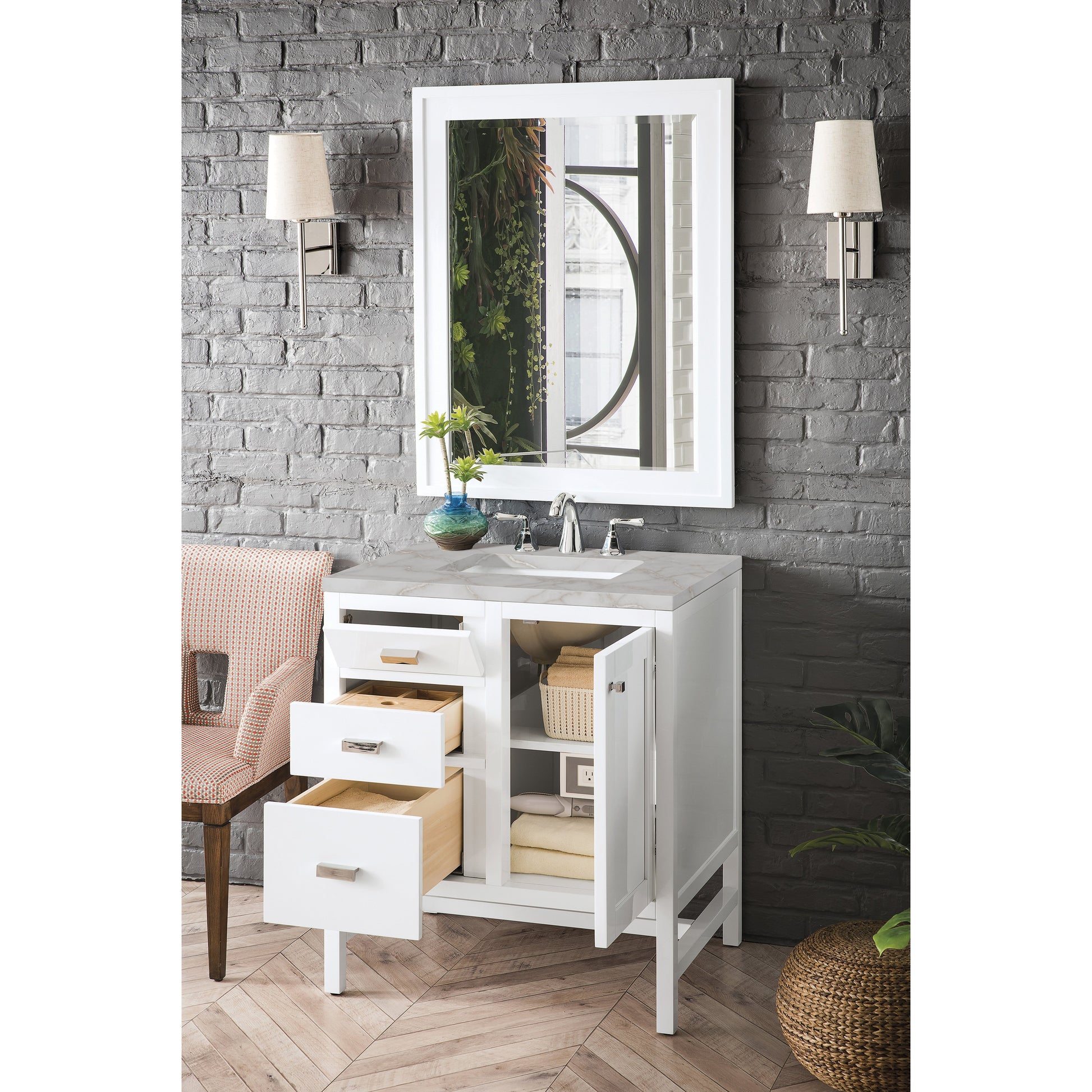 James Martin Vanities Addison 30" Glossy White Single Vanity With 3cm Victorian Silver Quartz Top