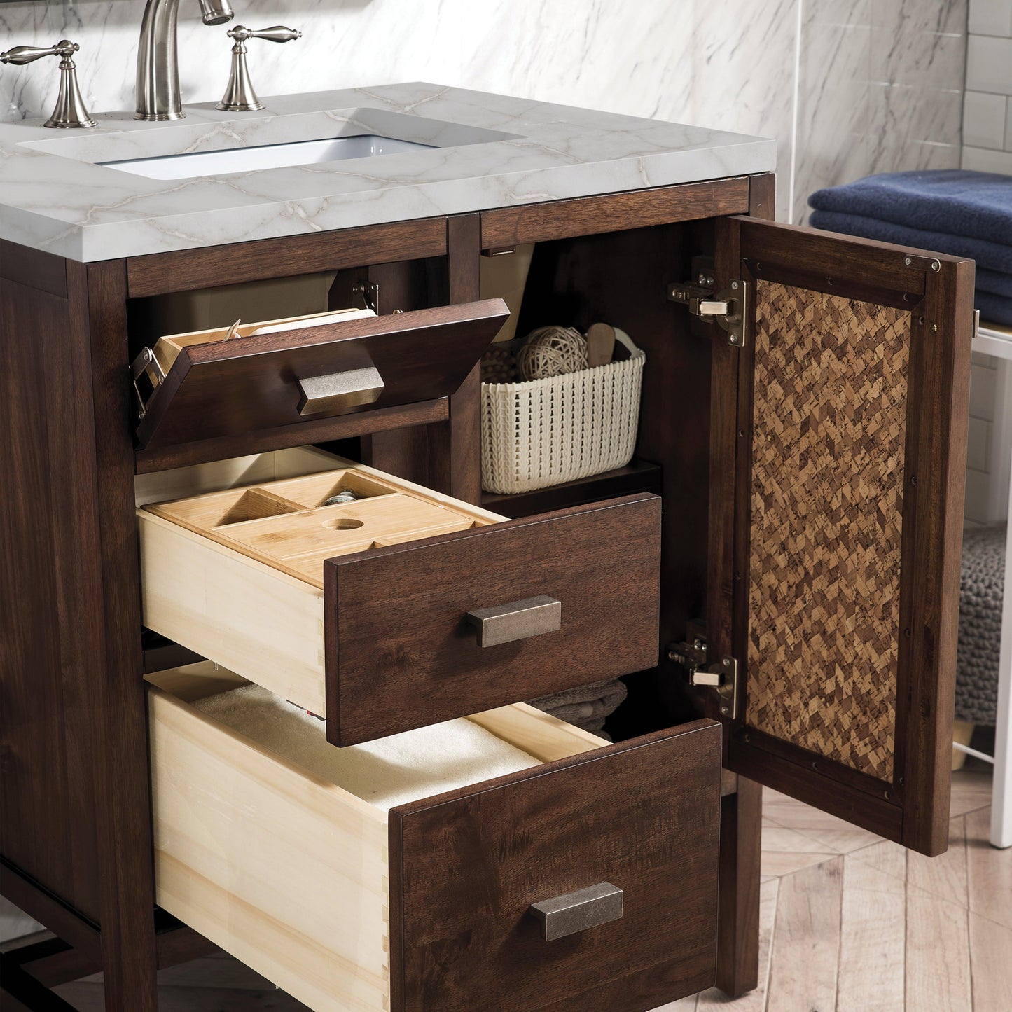 James Martin Vanities Addison 30" Mid-Century Acacia Single Vanity With 3cm Victorian Silver Quartz Top