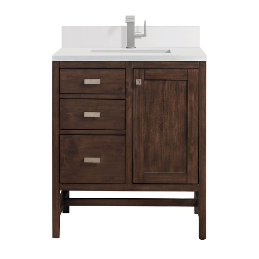 James Martin Vanities Addison 30" Mid-Century Acacia Single Vanity With Single Hole 3cm White Zeus Quartz Top & Backsplash