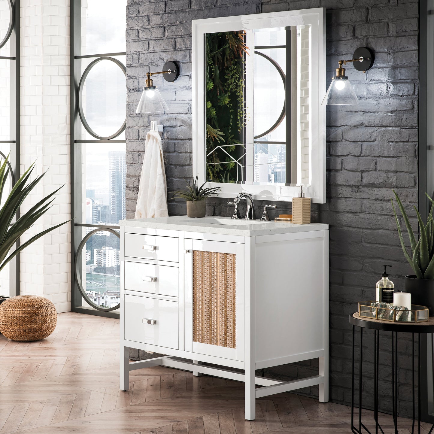 James Martin Vanities Addison 36" Glossy White Single Vanity With 3cm Lime Delight Quartz Top