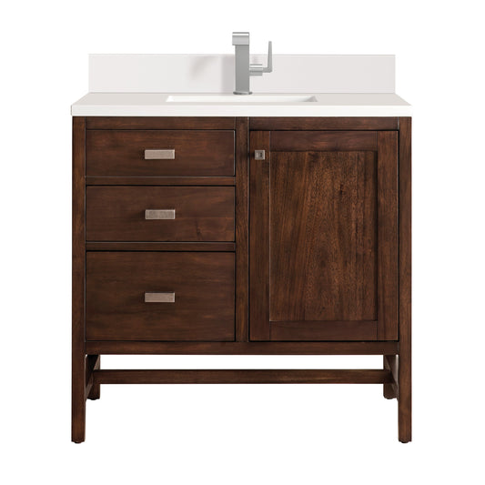 James Martin Vanities Addison 36" Mid-Century Acacia Single Vanity With Single Hole 3cm White Zeus Quartz Top & Backsplash