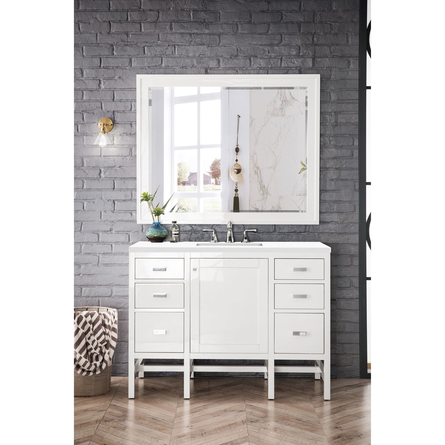 James Martin Vanities Addison 48" Glossy White Single Vanity Cabinet With 3cm White Zeus Quartz Top