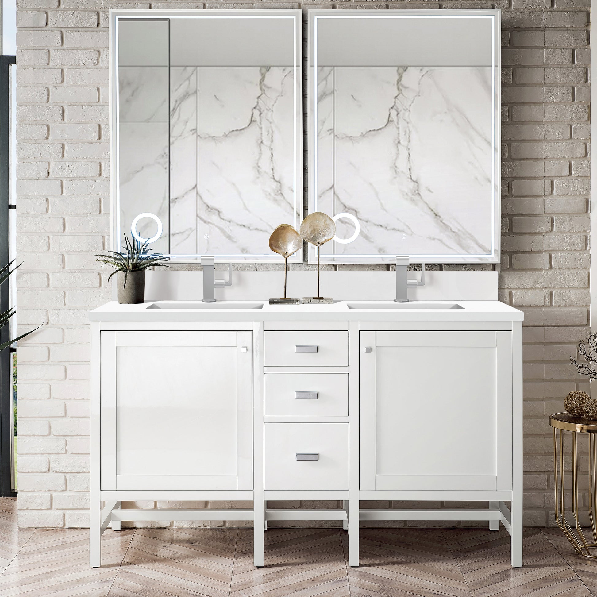 James Martin Vanities Addison 60" Glossy White Double Vanity With Single Hole 3cm White Zeus Quartz Top & Backsplash