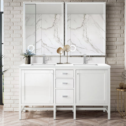 James Martin Vanities Addison 60" Glossy White Double Vanity With Single Hole 3cm White Zeus Quartz Top & Backsplash