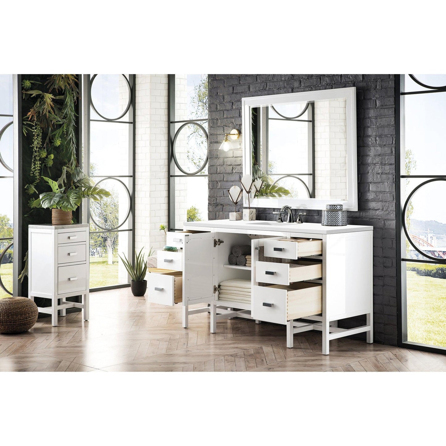 James Martin Vanities Addison 60" Glossy White Single Vanity Cabinet With 3cm White Zeus Quartz Top