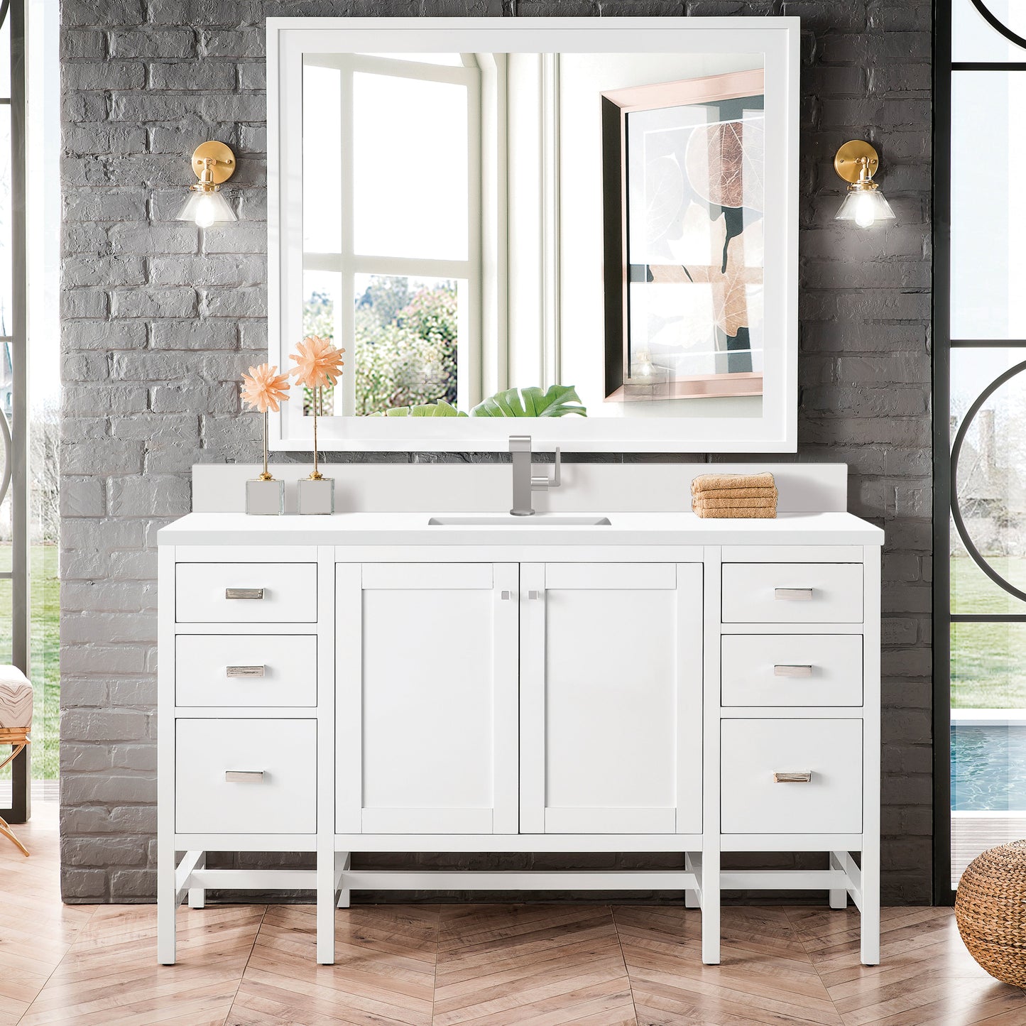 James Martin Vanities Addison 60" Glossy White Single Vanity With Single Hole 3cm White Zeus Quartz Top & Backsplash