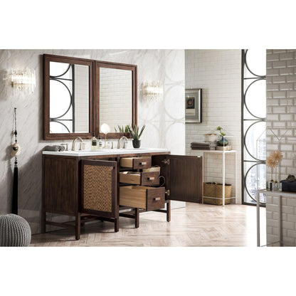 James Martin Vanities Addison 60" Mid Century Acacia Double Vanity Cabinet With 3cm White Zeus Quartz Top